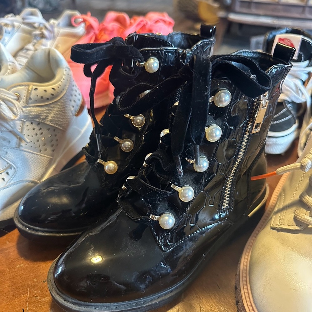 Black Patent Leather Boots with Pearl Accents